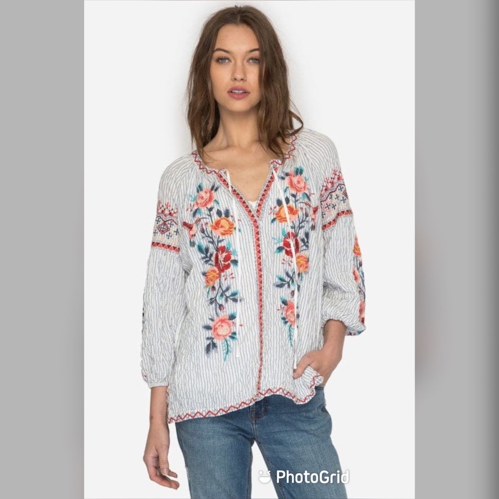 Johnny Was Workshop Nadia  Embroidered White Peasant Blouse Medium NWOT